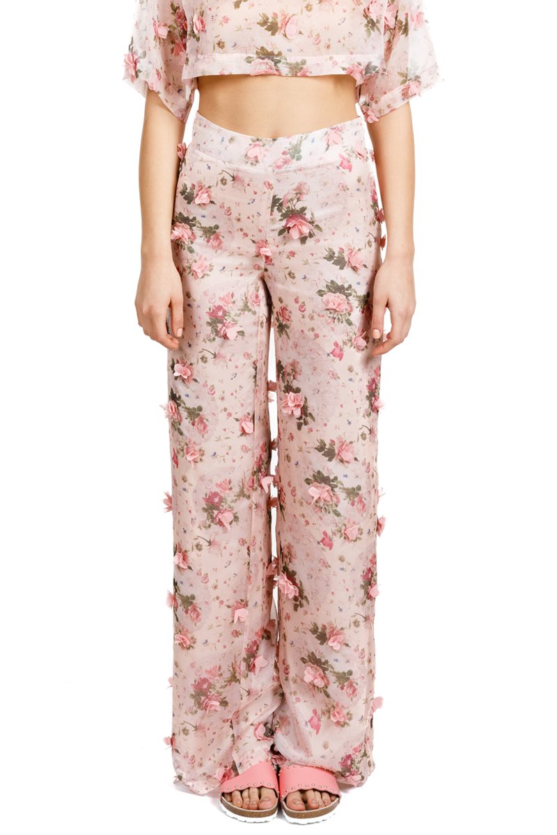 "Aktaia" appliquéd floral pink pants