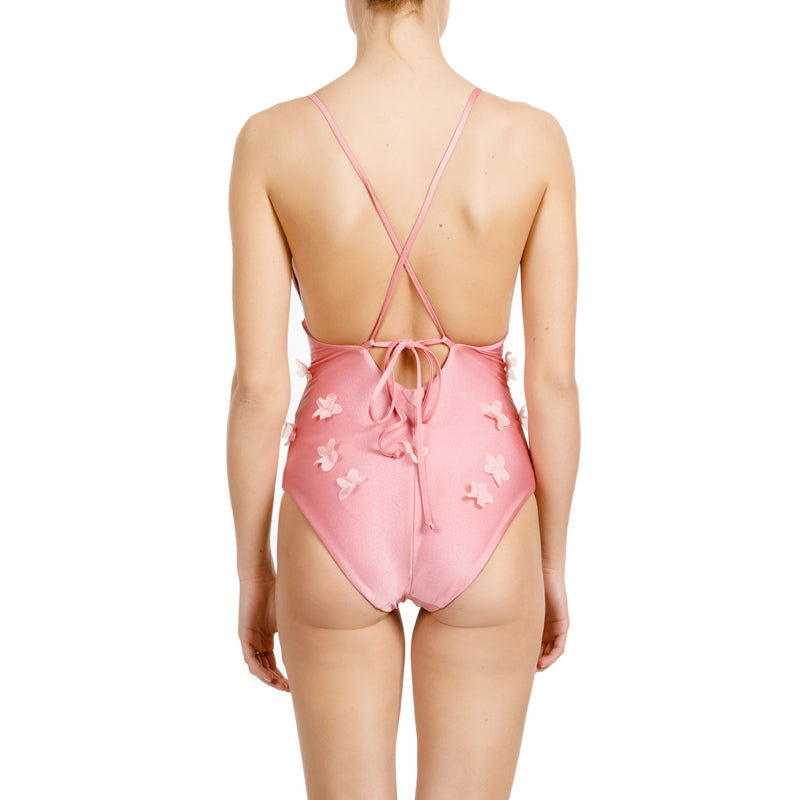 Hebe pink appliquéd floral-print swimsuit