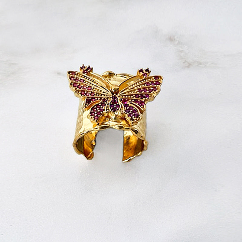 Pave butterfly ring - red
