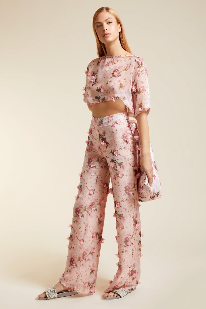 "Aktaia" appliquéd floral pink pants