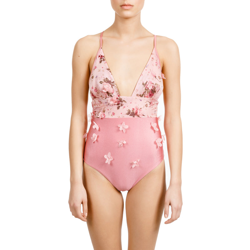 Hebe pink appliquéd floral-print swimsuit